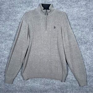 US Polo Assn Men’s Large Gray Cable Knit Black Fleece Collar 1/4 Zip Sweater